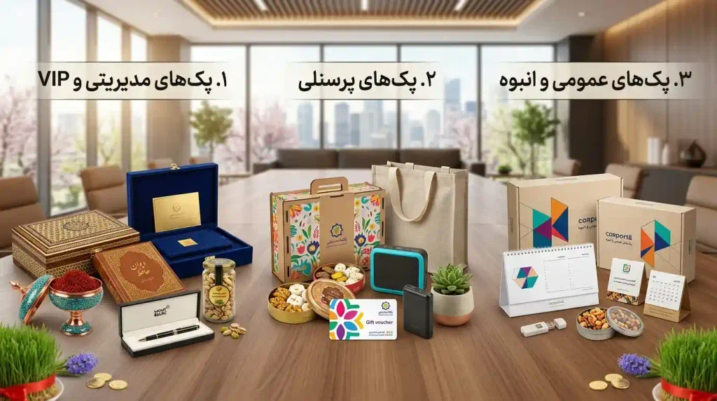 تصویری از چیدمان سه نوع پک هدیه سازمانی ویژه نوروز روی میز کنفرانس در یک دفتر کار مدرن: سمت چپ "پکهای مدیریتی و VIP" با اقلام لوکس مانند خاتمکاری و دیوان حافظ، وسط "پکهای پرسنلی" با اقلام کاربردی مانند آجیل و پاوربانک، و سمت راست "پکهای عمومی و انبوه" با تقویم و سررسید.