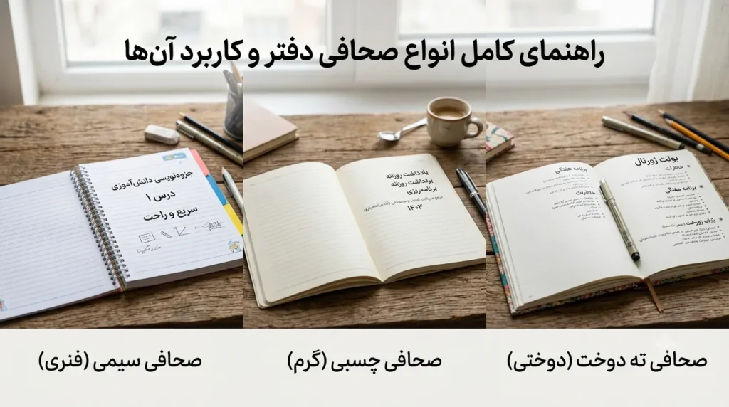 انواع صحافی دفتر شامل سیمی، چسبی و ته دوخت