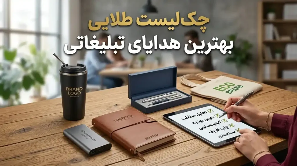 چک‌ لیست طلایی خرید هدیه تبلیغاتی به همراه انواع هدایای سازمانی، تراول‌ ماگ و پاوربانک روی میز کار