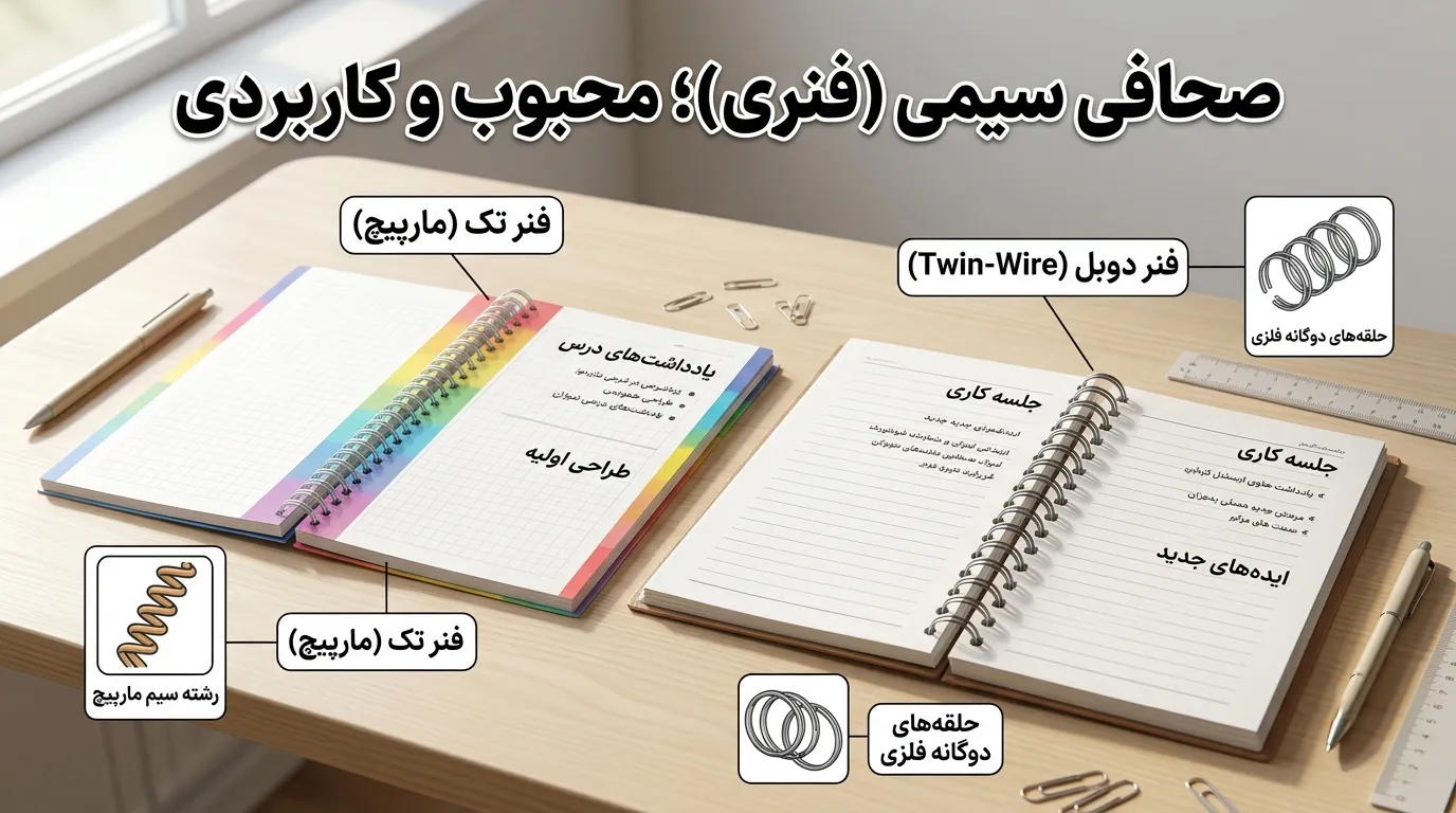 انواع صحافی سیمی دفتر و مقایسه فنر تک با فنر دوبل